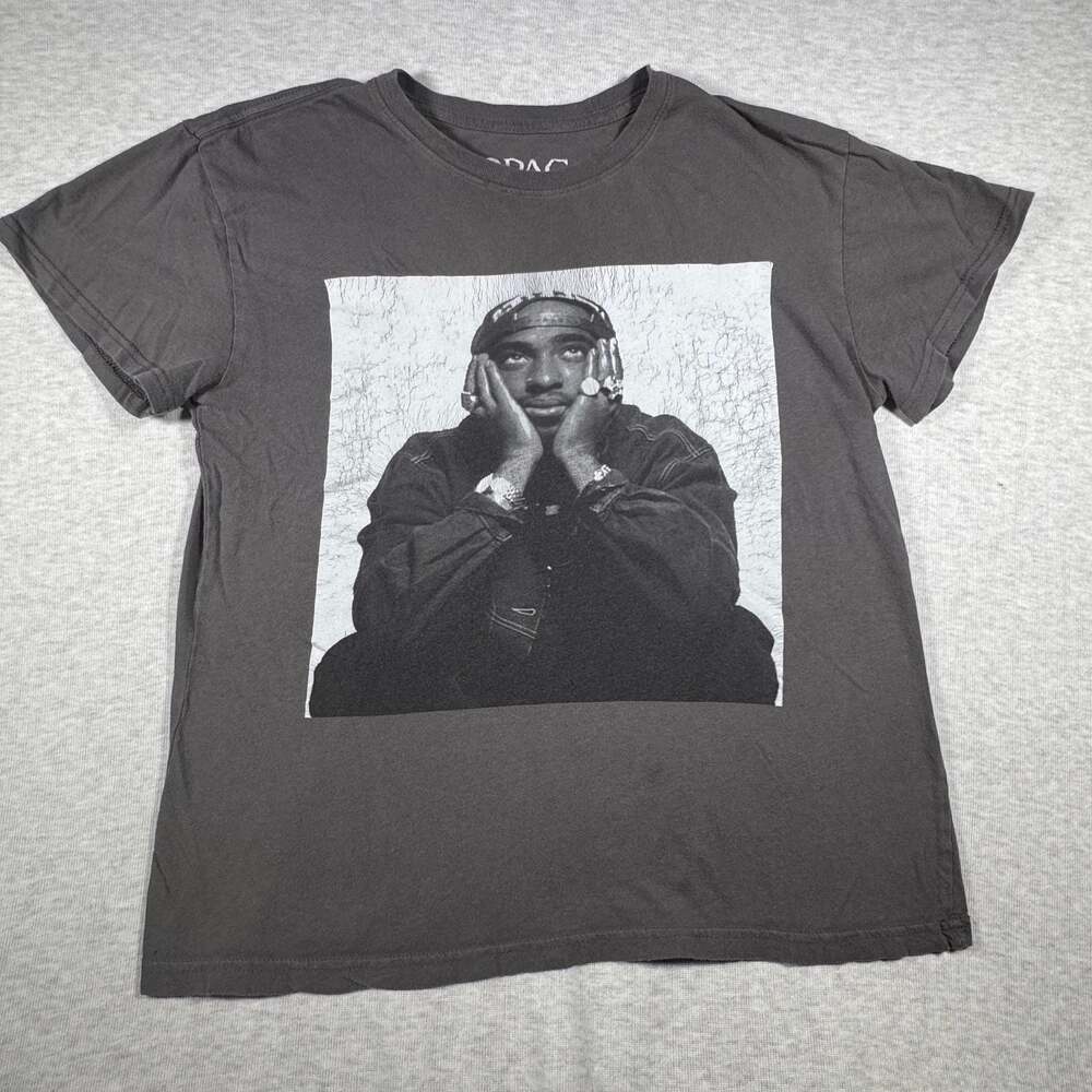 2Pac Tupac Shakur Contemplative Portrait Graphic T-Shirt Charcoal Gray Size M